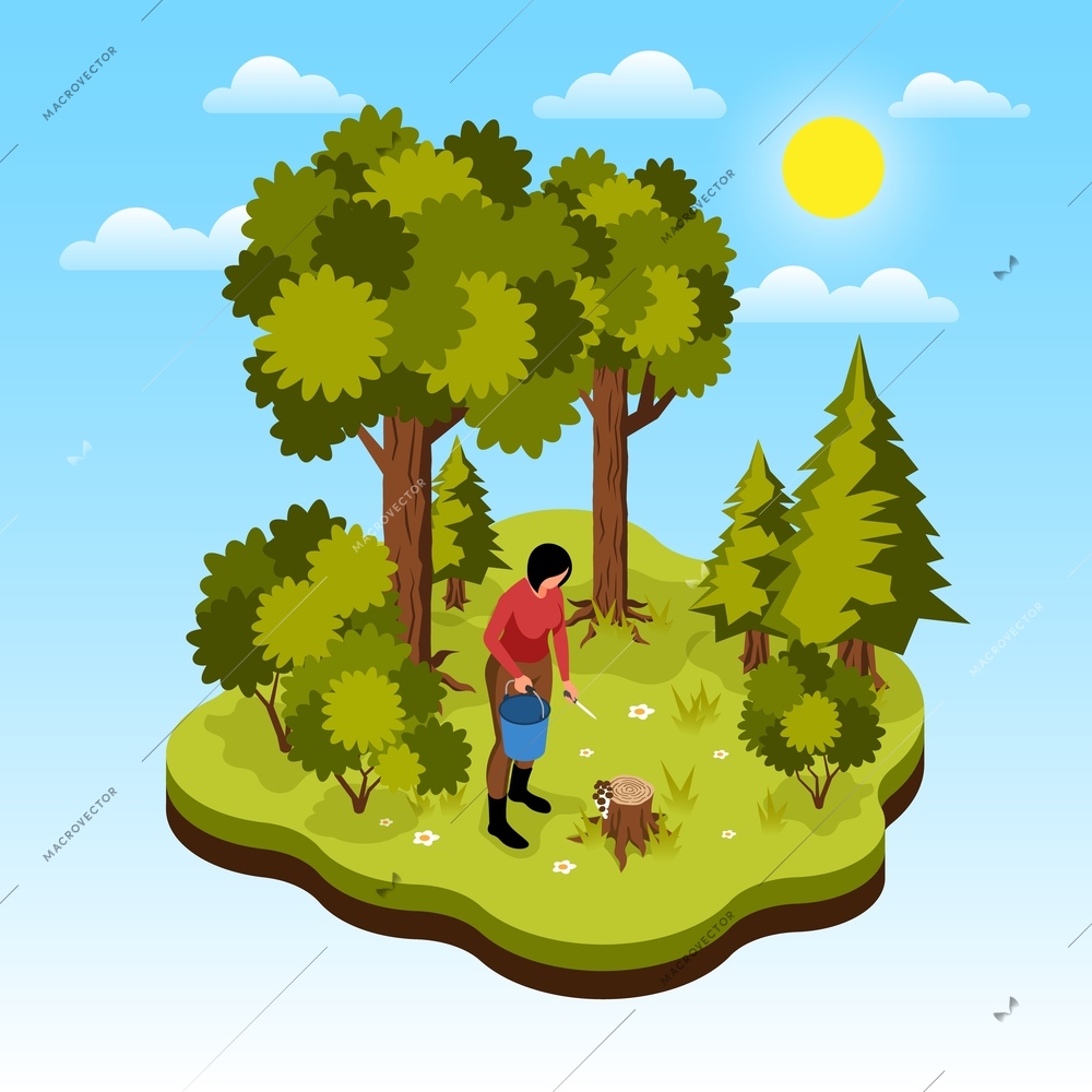 Isometric mushroom pickers isolated composition with island shaped platform with forest terrain and woman with bucket vector illustration