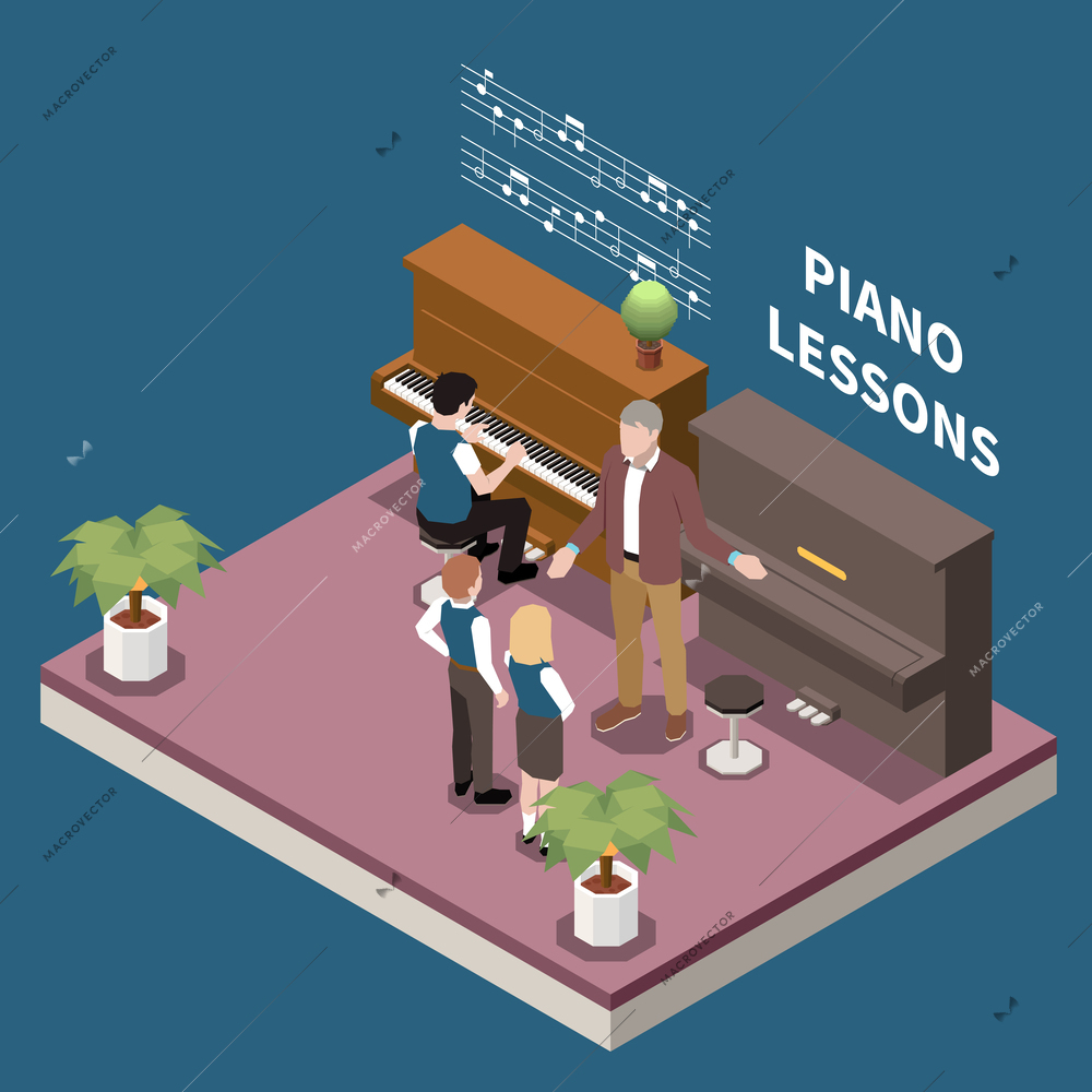 Art school isometric concept of piano lesson scene with teacher and students on dark background 3d vector illustration