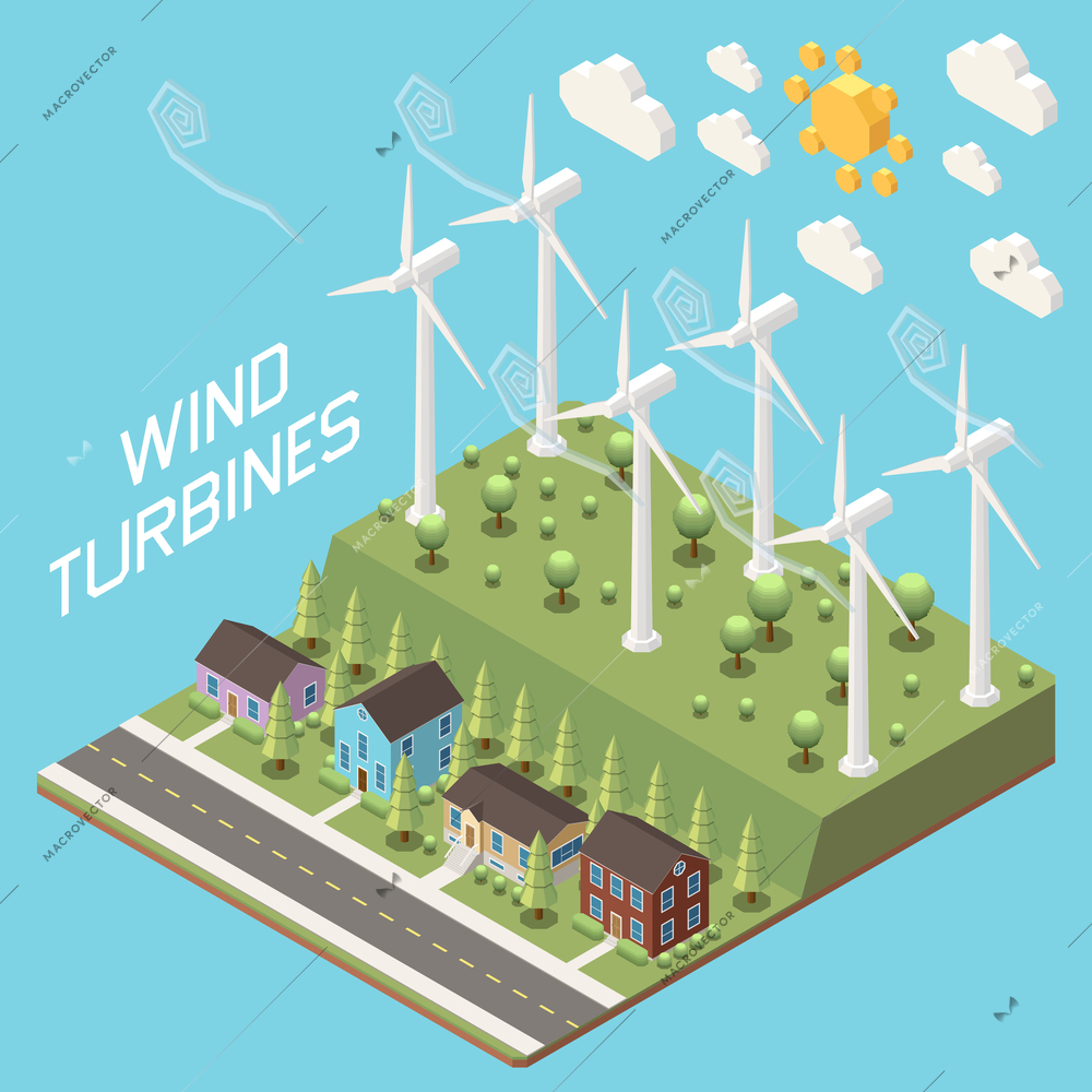 Renewable energy sources isometric concept with wind turbines on blue background 3d vector illustration
