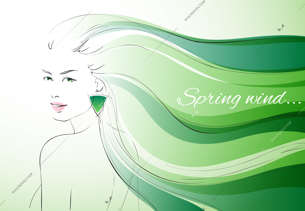 Wind of spring background with expressive woman with wavy hairs vector illustration