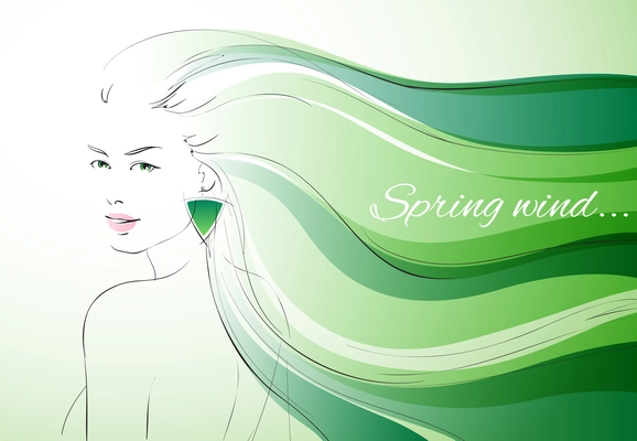 Wind of spring background with expressive woman with wavy hairs vector illustration
