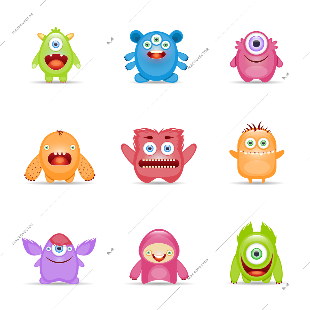 Group of monster alien mutant colorful character set isolated vector illustration