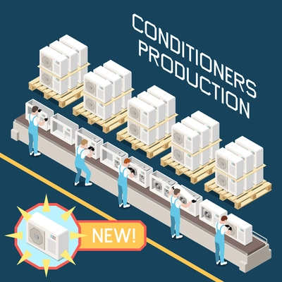 Production of air conditioning equipment isometric composition with workers assembling conditioners and ready appliances on pallets 3d vector illustration