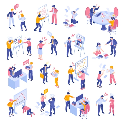 Isometric business team conflicts and debates icons set isolated vector illustration