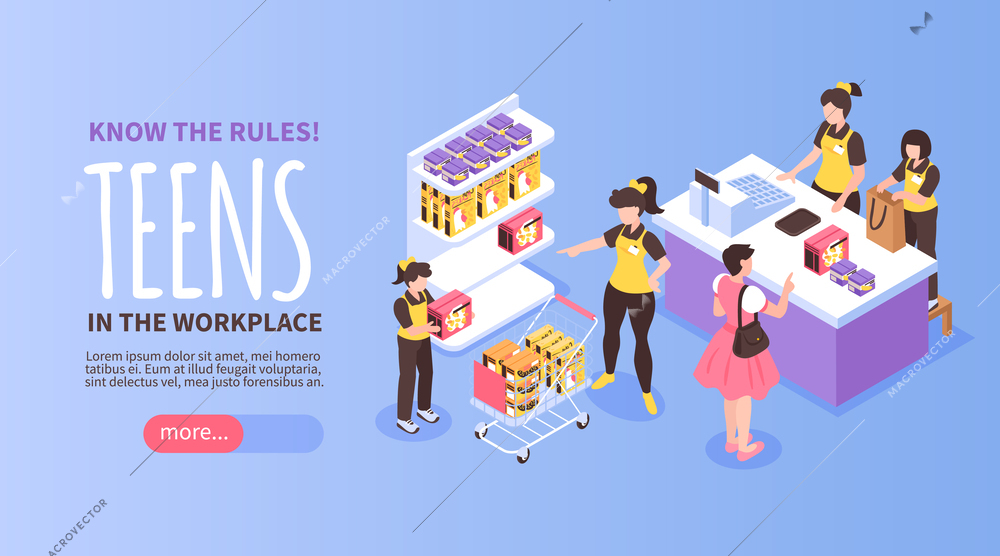 Teenagers first work horizontal banner with girl in grocery store isometric vector illustration