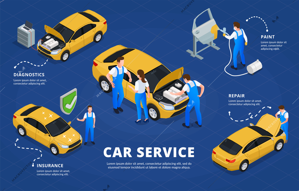 Car service isometric infographics background with professional workers performing diagnostics painting insurance repair vector illustration