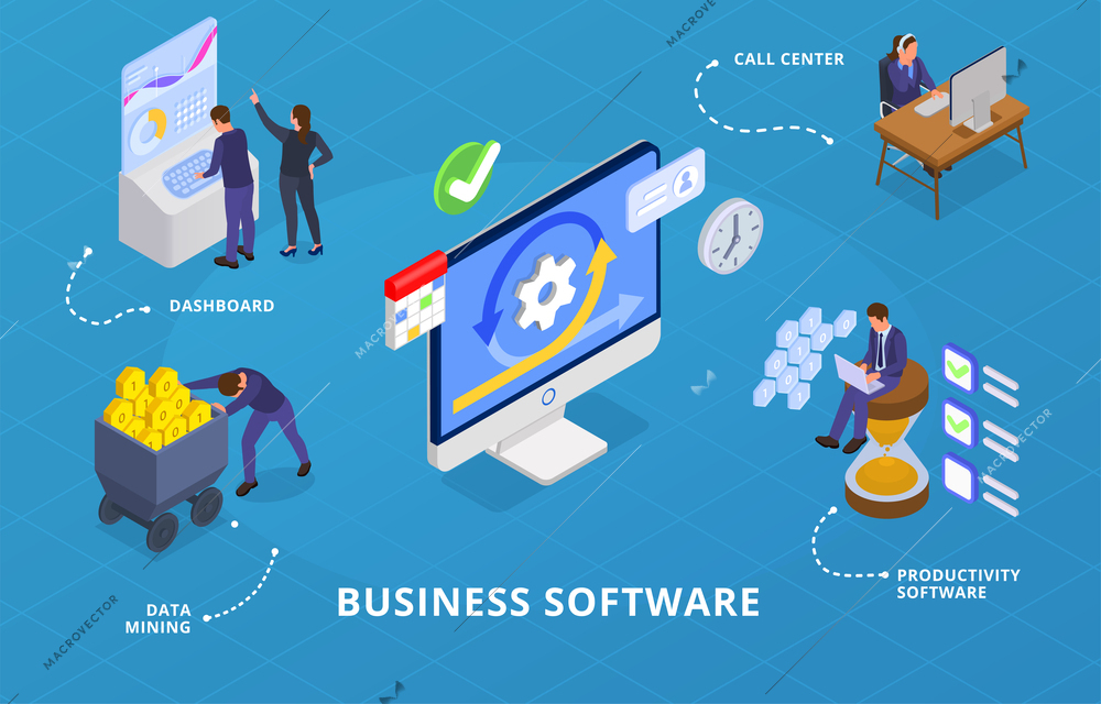 business software infographics background depicting call center productivity software data mining dashboard isometric icons vector illustration