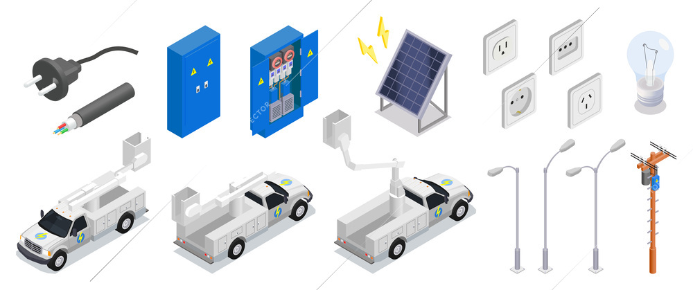 Electrician isometric icons set of electrical appliances equipment and tools isolated vector illustration