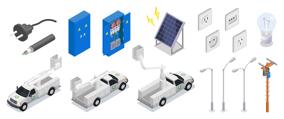 Electrician isometric icons set of electrical appliances equipment and tools isolated vector illustration