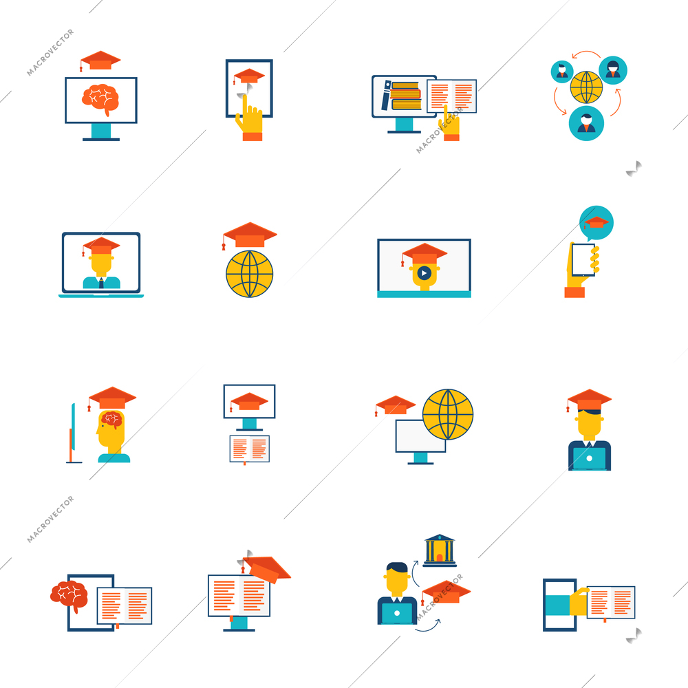 Online education e-learning distance training and graduation icons flat set isolated vector illustration