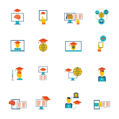 Online education e-learning distance training and graduation icons flat set isolated vector illustration