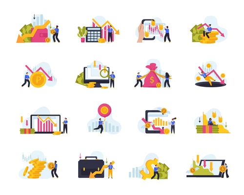 Economy crisis flat icons set with financial charts money symbols and people suffering from economic downturn isolated vector illustration