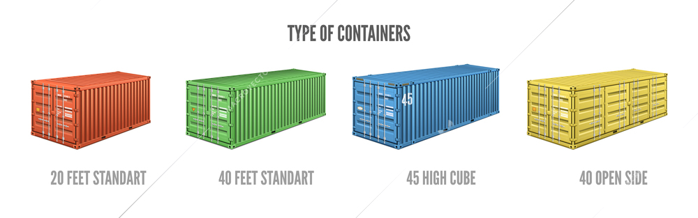 Colourful cargo containers types of different size realistic set isolated vector illustration