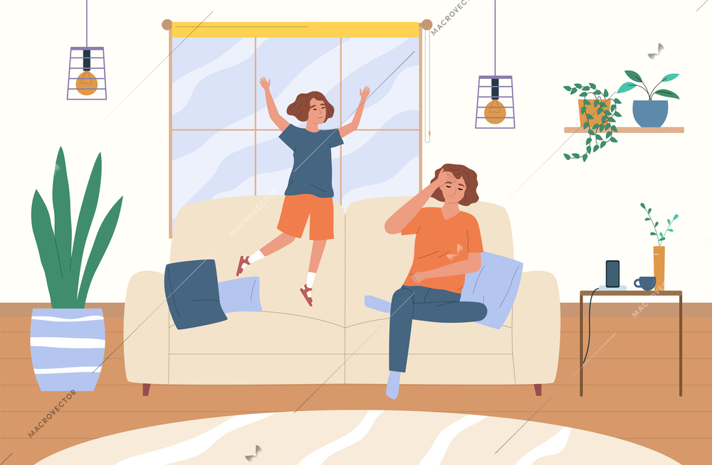 Tired parents flat composition with exhausted mom and kid jumping on sofa vector illustration