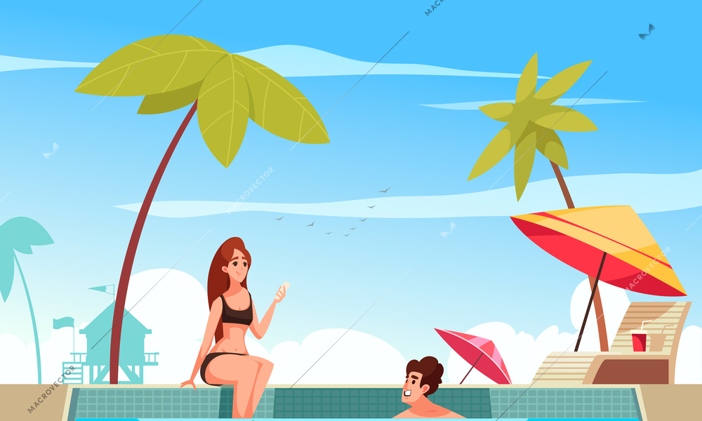 South resort cartoon background with couple sunbathing and swimming in pool flat vector illustration