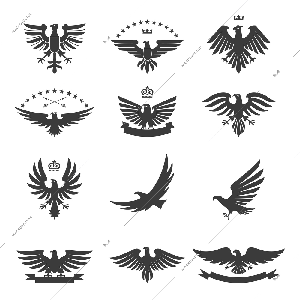 Eagle silhouettes bird heraldic symbols icons black set isolated vector illustration