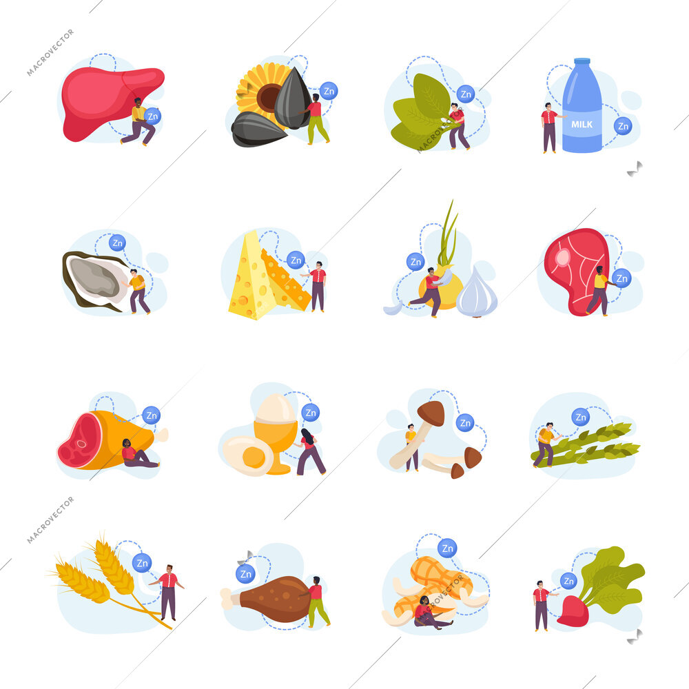 Flat set of icons with zinc natural food sources and tiny people isolated vector illustration