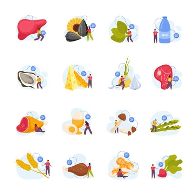 Flat set of icons with zinc natural food sources and tiny people isolated vector illustration