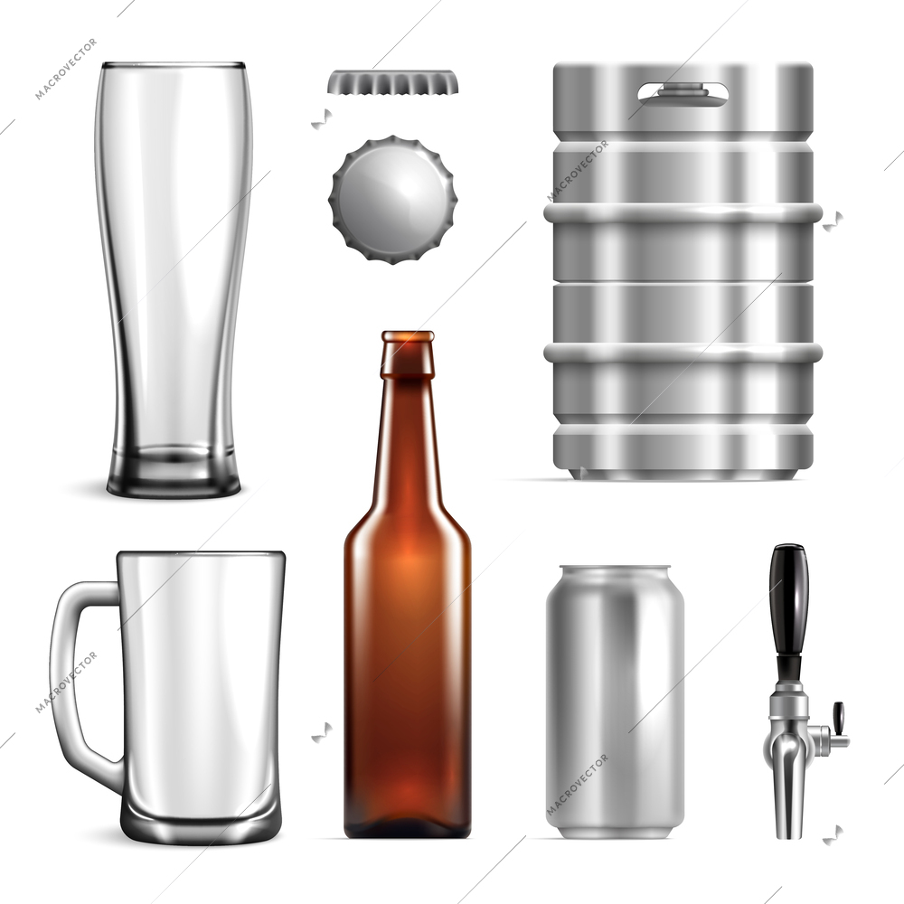 Realistic beer mockup icon set glasses mugs iron barrels bottles and lids for beer vector illustration