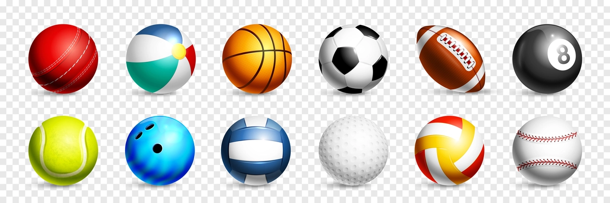 Realistic sport ball transparent icon set basketball soccer beach rugby tennis golf bowling billiard balls vector illustration