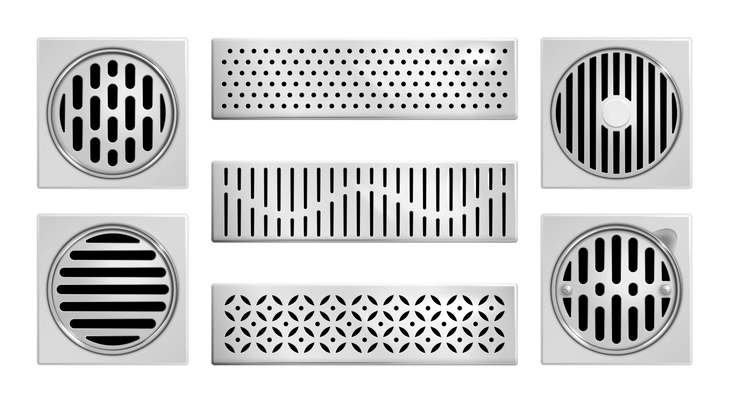 Realistic drainage grates shower icon set square and rectangular drains in the bathtub and sink vector illustration