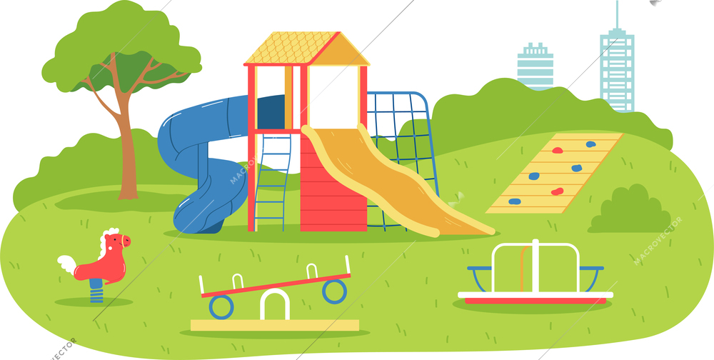 Flat children playground composition an empty bright playground with carousel swings and slides vector illustration