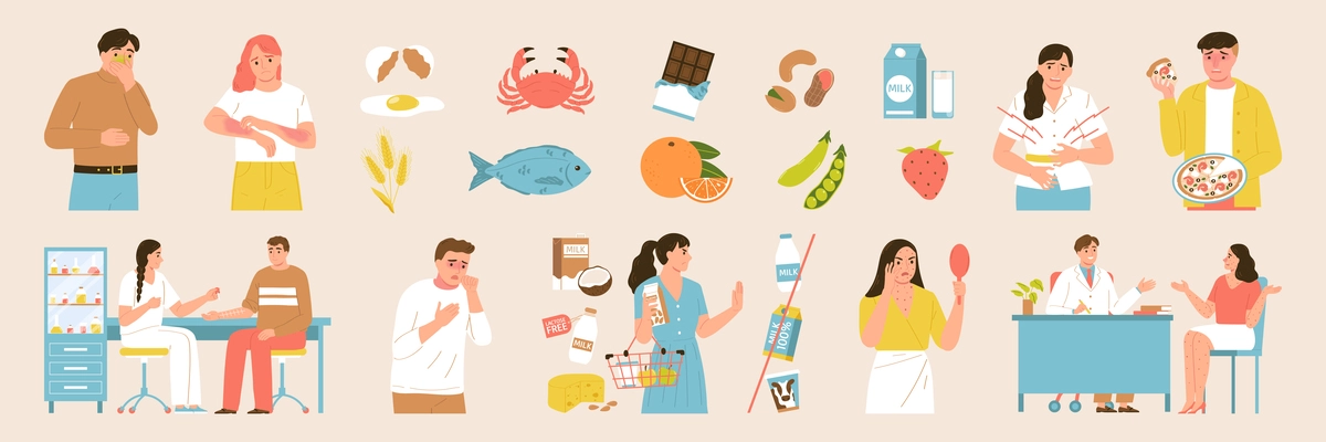 Food allergy color icon set vector different kinds and types of allergens and consequences of eating allergic foods and drinks illustration