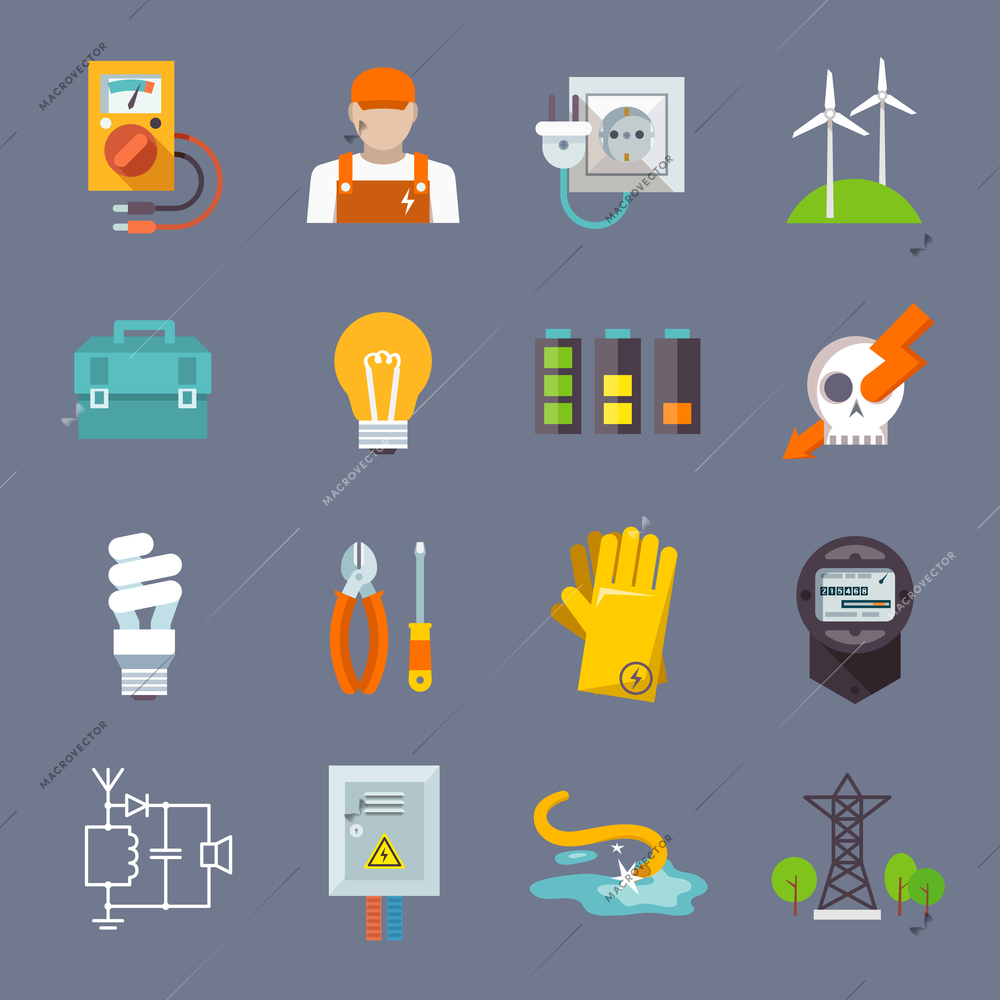 Electricity icon flat set with multimeter electrician socket pylon isolated vector illustration