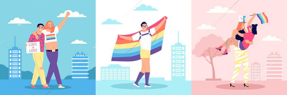 Lgbt design concept with happy lesbian and gay activists walking along city street with rainbow flag isolated vector illustration