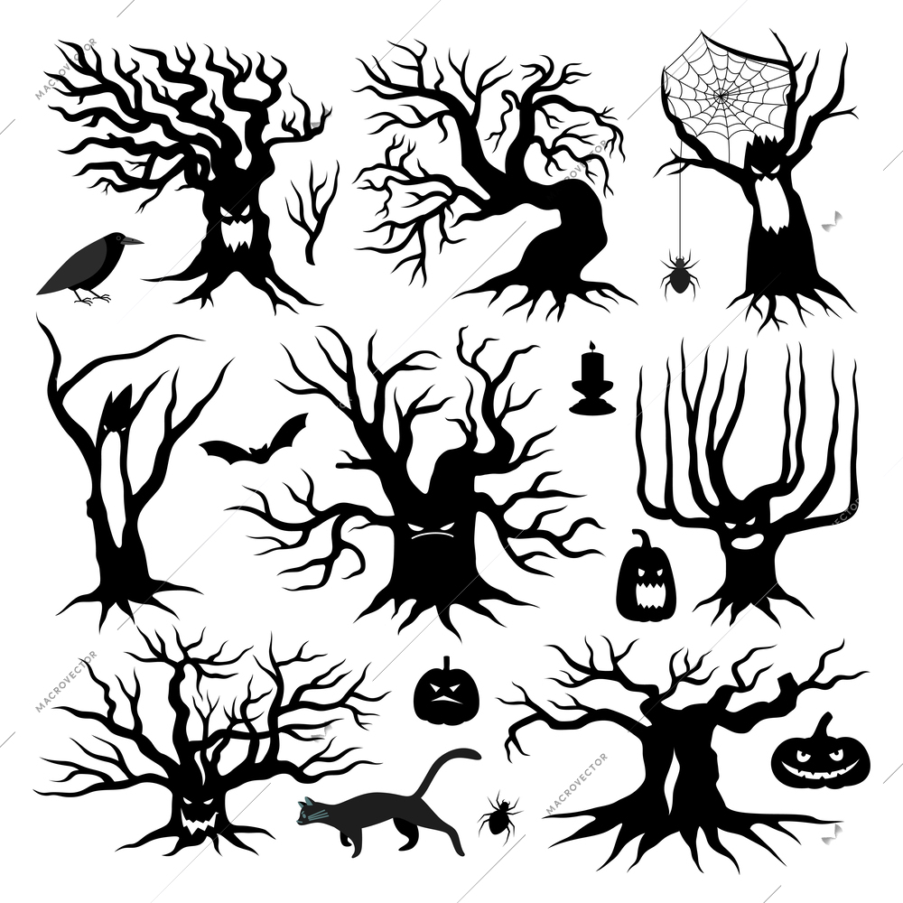 Black silhouettes of spooky halloween dead trees with jack o lantern pumpkins candles and animals flat set isolated vector illustration