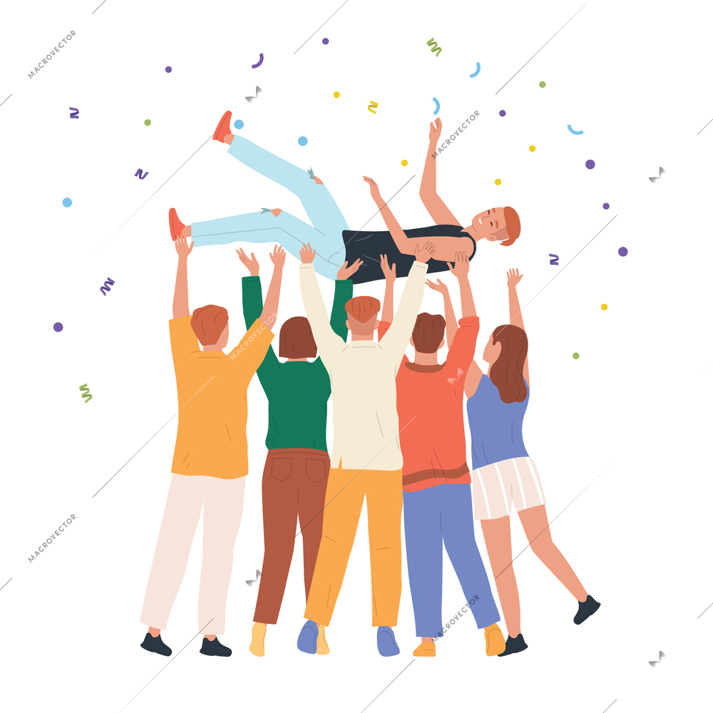 Cheering people winner flat concept group of five people toss their friend in the air vector illustration