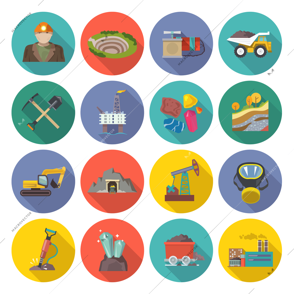 Mining icons flat set with miner hammer truck bulldozer isolated vector illustration