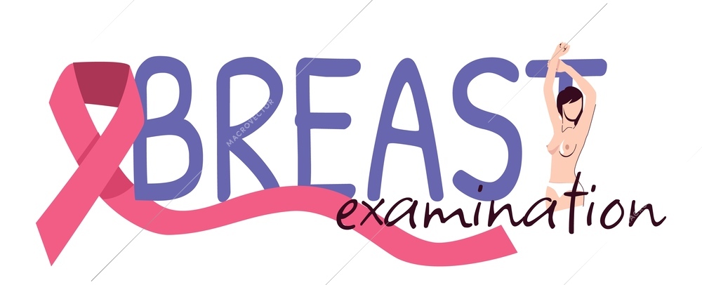 Breast examination flat text with big letters and pink ribbon vector illustration