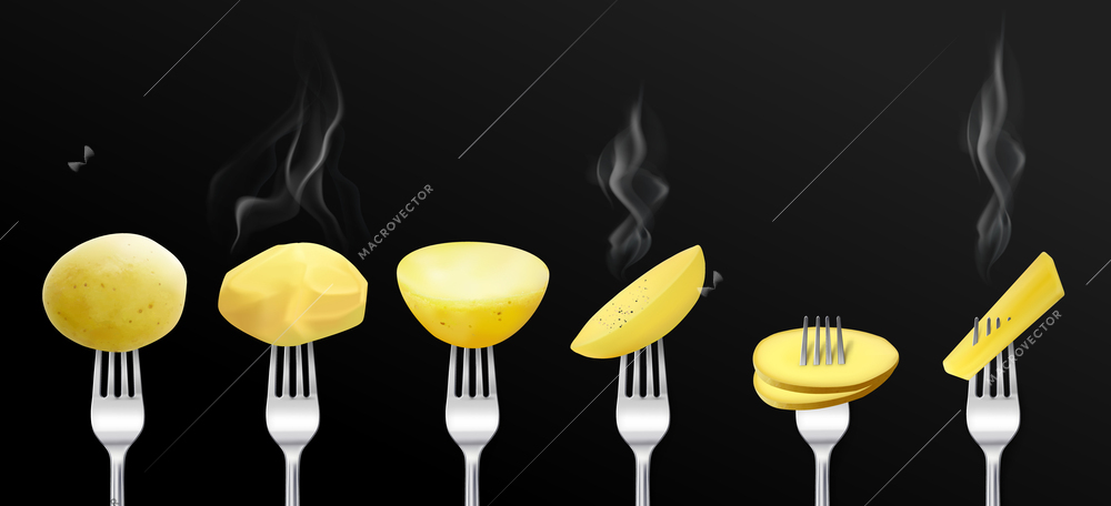 Potatoes on fork realistic set with isolated images of metal forks with freshly cooked smoky potatoes vector illustration