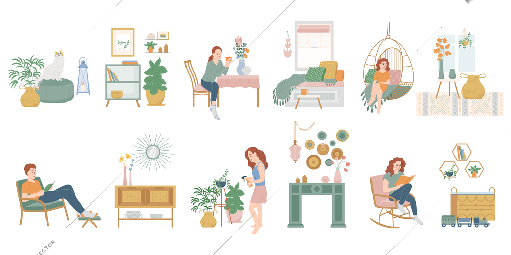 Lagom life flat set of isolated icons with colored images of house decorations plants and people vector illustration