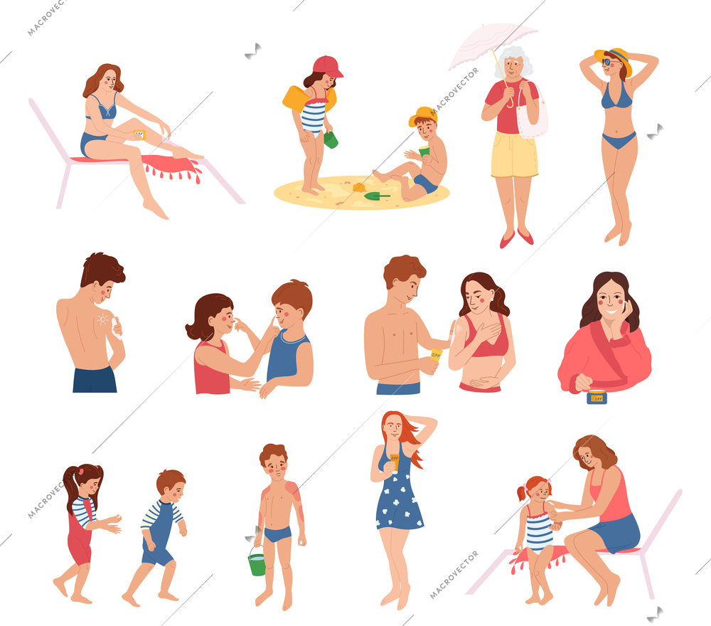 Sun protection set with flat icons and isolated doodle characters of people with sunscreen products appliances vector illustration