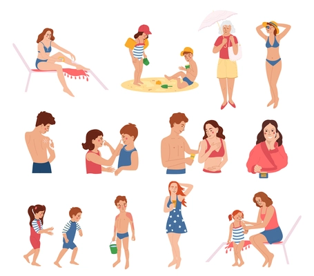 Sun protection set with flat icons and isolated doodle characters of people with sunscreen products appliances vector illustration