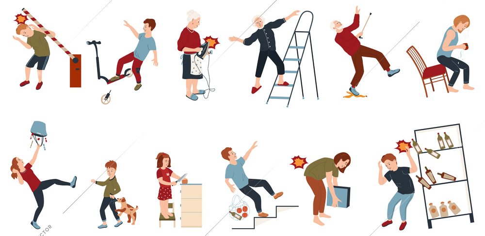 Household injuries flat set of isolated icons showing human characters getting damage hits in various accidents vector illustration