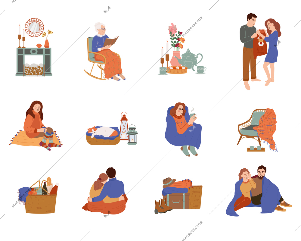 Hugge lifestyle set with flat isolated icons of interior elements warm clothes and people chilling out vector illustration