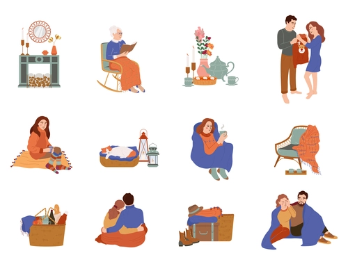 Hugge lifestyle set with flat isolated icons of interior elements warm clothes and people chilling out vector illustration