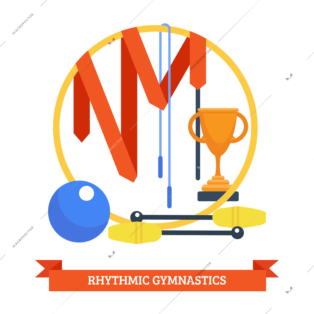 Rhythmics gymnastic concept with ribbon ball cup jumping rope sport equipment vector illustration