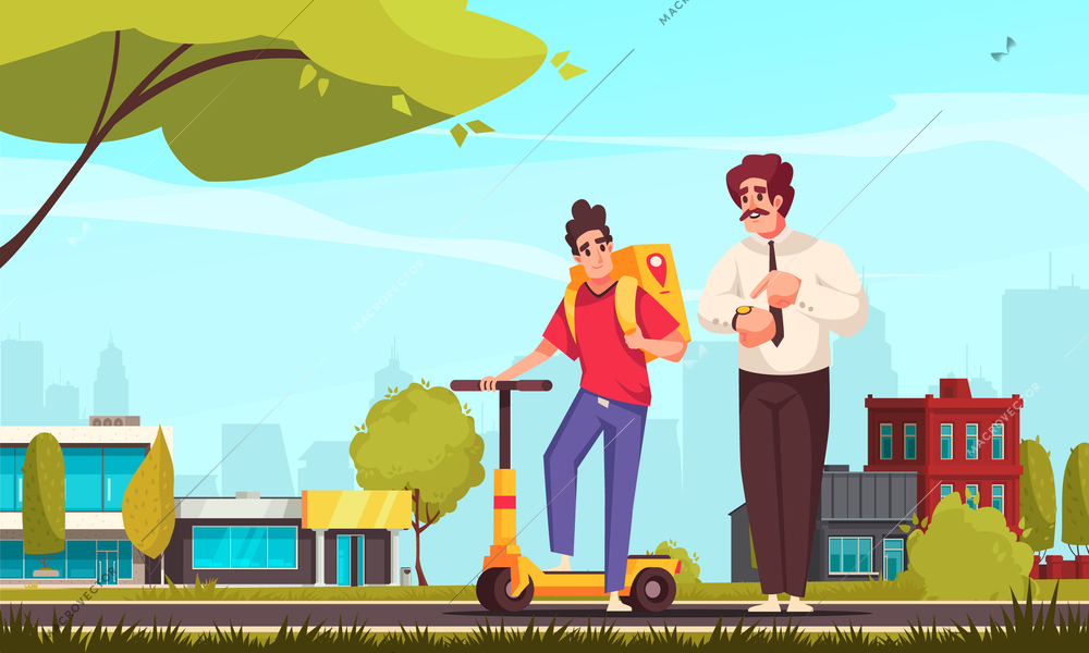 Teenager work poster with young delivery man with electric scooter vector illustration