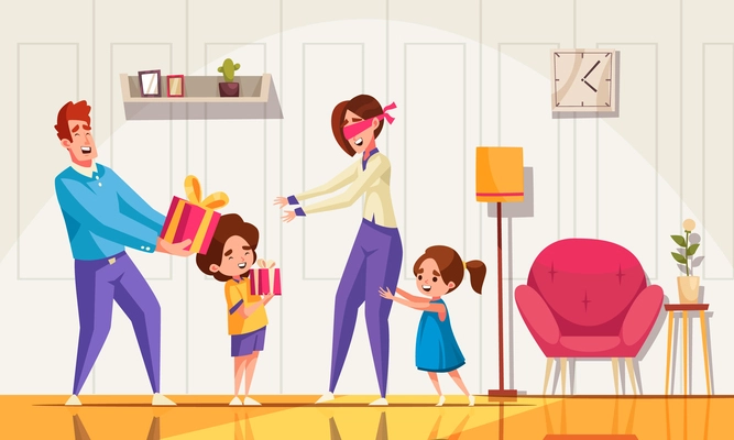 Holiday celebration scene with children giving presents with mom vector illustration