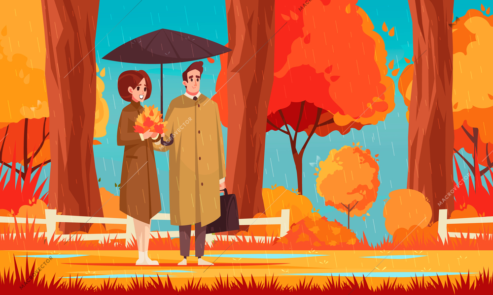 Cartoon composition with happy couple in bright autumn forest vector illustration