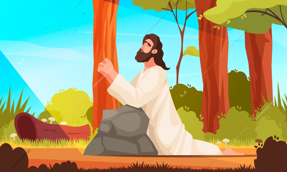 Children Bible cartoon scene with Jesus Christ praying outdoors vector illustration