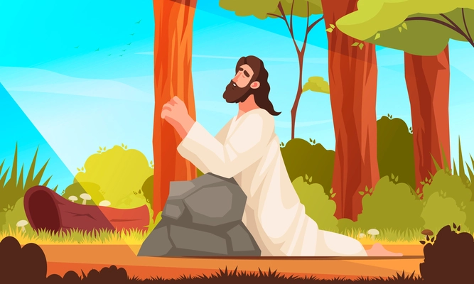 Children Bible cartoon scene with Jesus Christ praying outdoors vector illustration