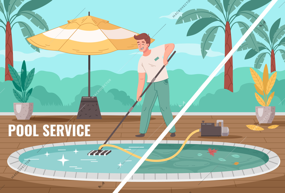 Pool service cartoon composition with man cleaning swimming outdoor pool with vacuum cleaner vector illustration