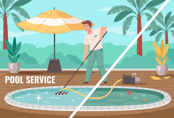 Pool service cartoon composition with man cleaning swimming outdoor pool with vacuum cleaner vector illustration