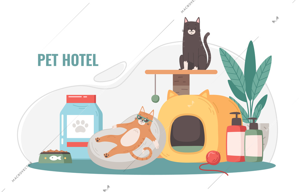 Pet hotel cartoon composition with medical and cleaning items and domestic animals enjoying comfort life vector illustration