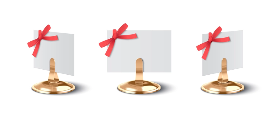 White empty paper place cards decorated with red bow on golden holder realistic set isolated vector illustration